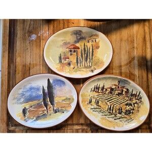 Set of 3 Williams Sonama Tuscan Italian Landscape Oval Snack Plates